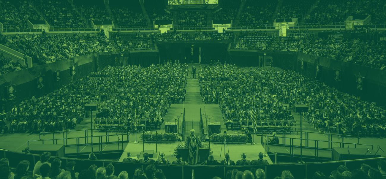 President Lori Stewart Gonzalez gives a speech to hundreds of Ohio University students during a Commencement ceremony
